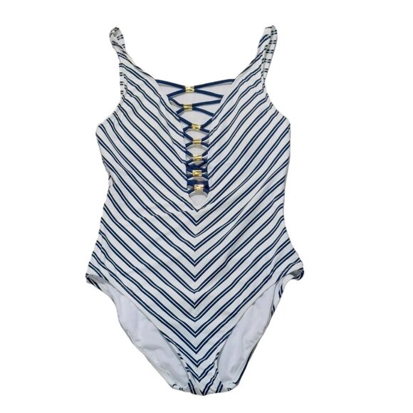 BLEU ROD BEATTIE Women's Swimsuit 1 Pc Nylon Striped Blue White Open Back Size 4 - Picture 6 of 10